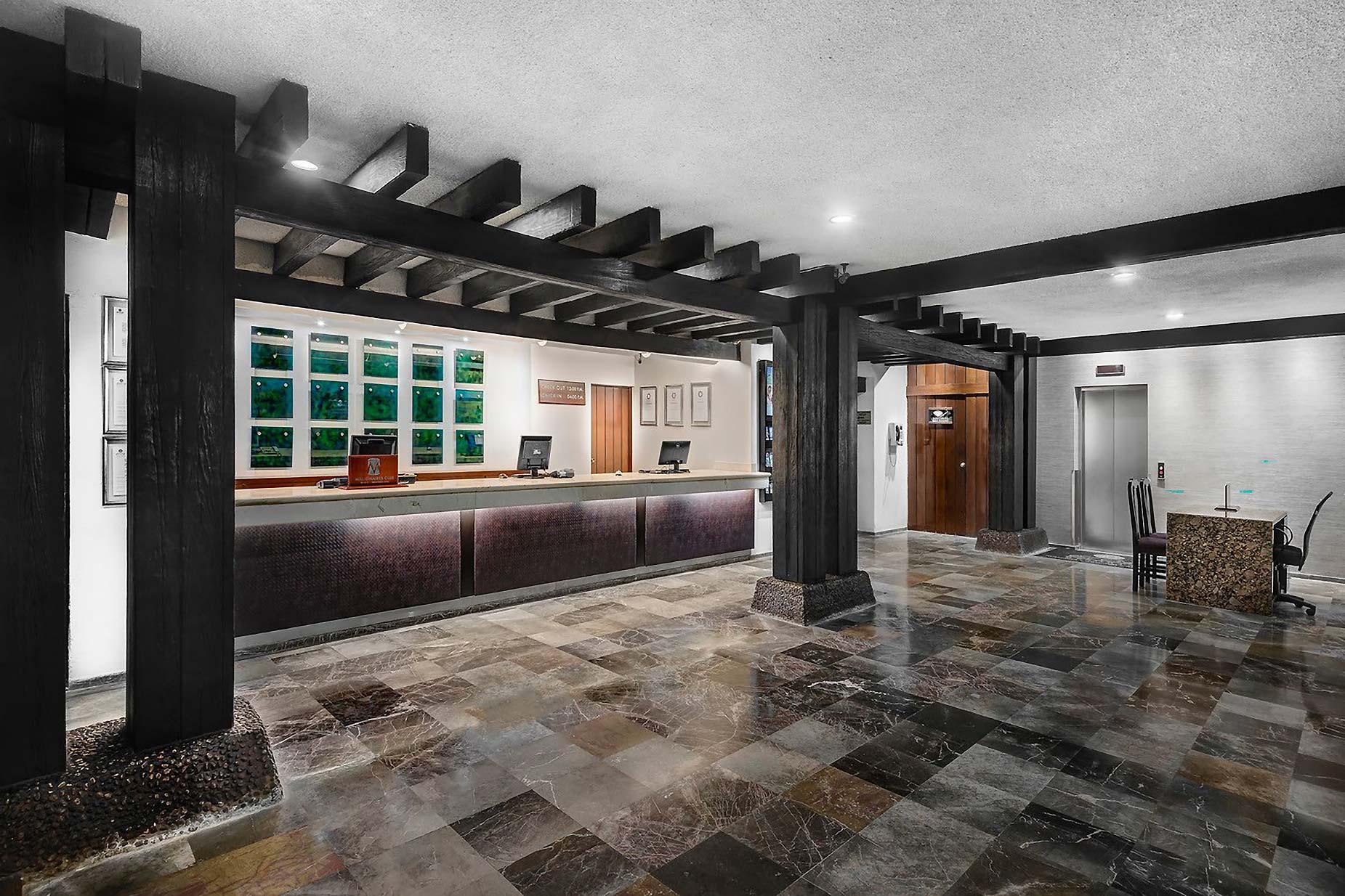 Hotel lobby with front desk